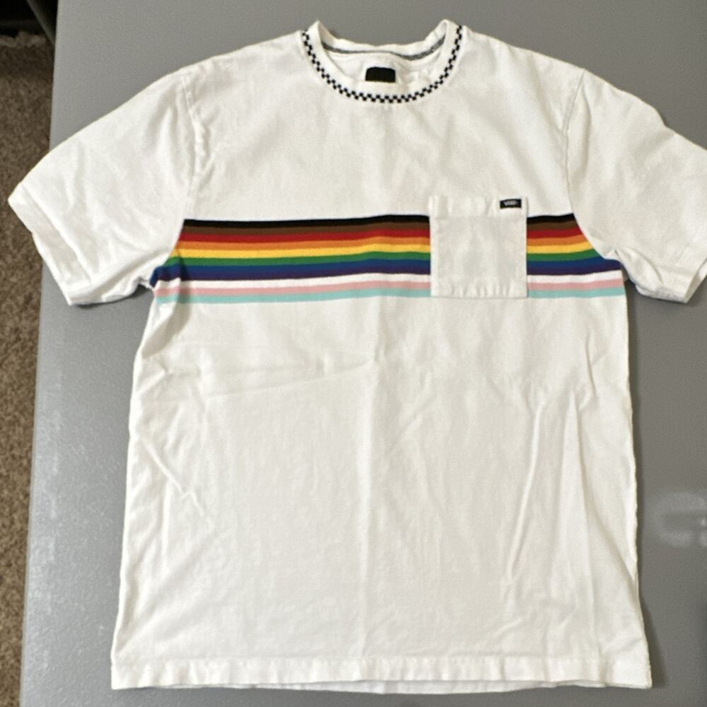 VANS Mens L White Rainbow Stripe Pocket Crew Neck Short Sleeve Cotton Knit Tee